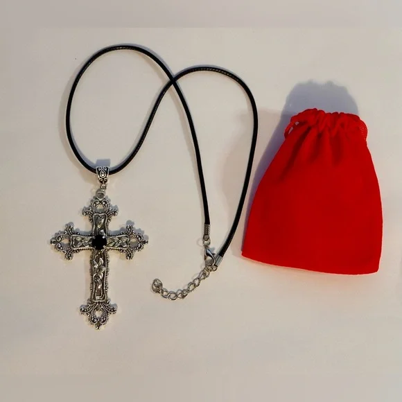 Gothic Black  Crystal Cross Charm Necklace Floral Design Big Punk Goth Retro New - Picture 7 of 9